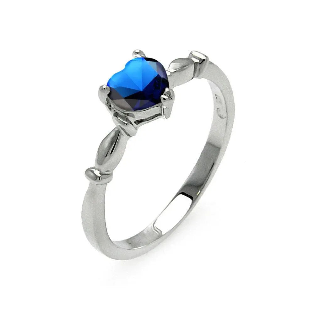 925 Sterling Silver Rhodium Plated CZ Heart Blue September Ring
