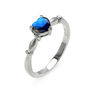 925 Sterling Silver Rhodium Plated CZ Heart Blue September Ring
