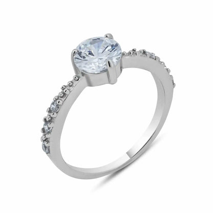 925 Sterling Silver Rhodium Plated Round Center Clear CZ Bridal Ring