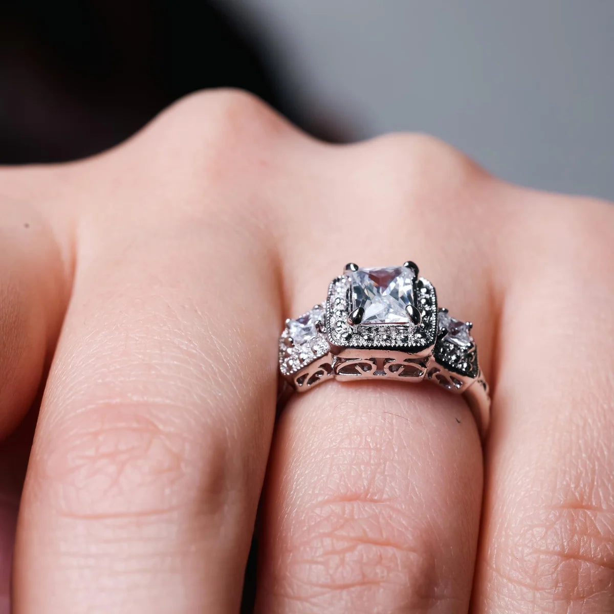 925 Sterling Silver Rhodium Plated 3 Set Square Clear CZ Bridal Ring