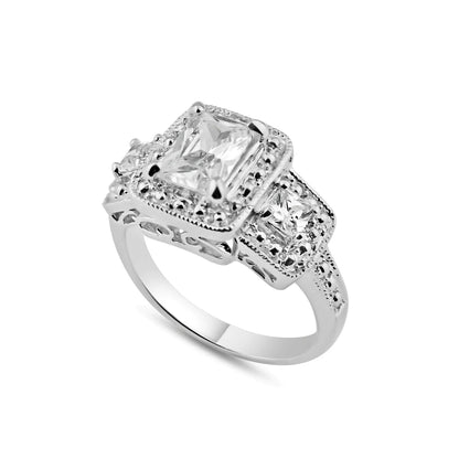 925 Sterling Silver Rhodium Plated 3 Set Square Clear CZ Bridal Ring