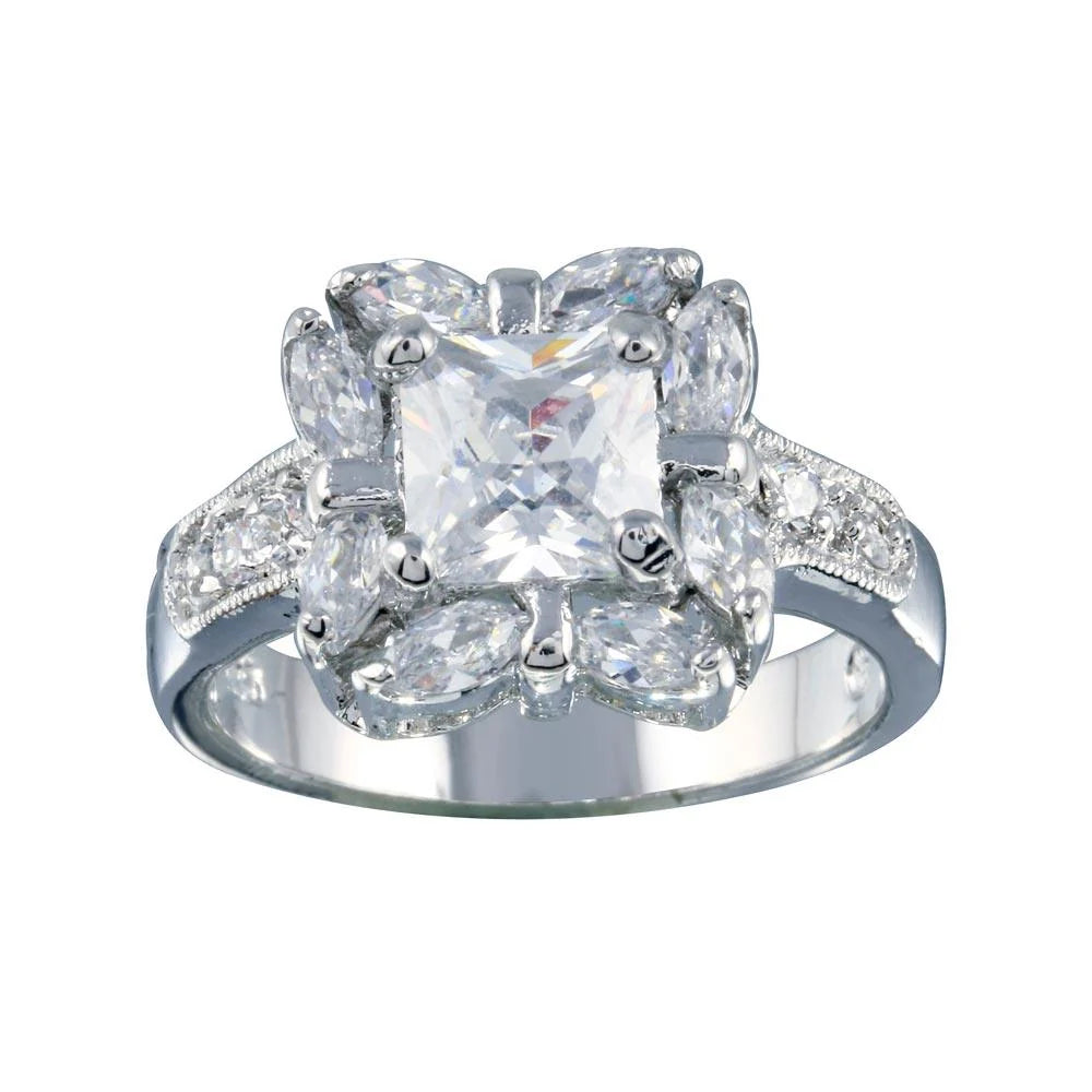 925 Sterling Silver Rhodium Plated Clear Center CZ Square Bridal Ring