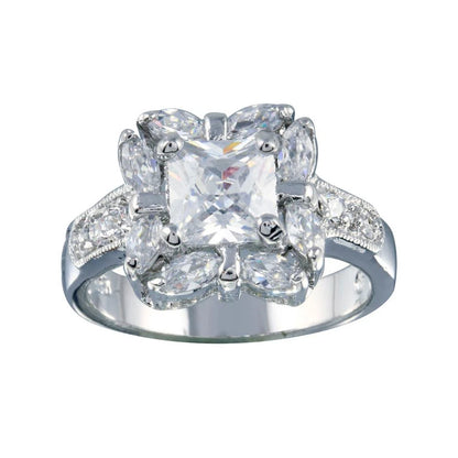 925 Sterling Silver Rhodium Plated Clear Center CZ Square Bridal Ring
