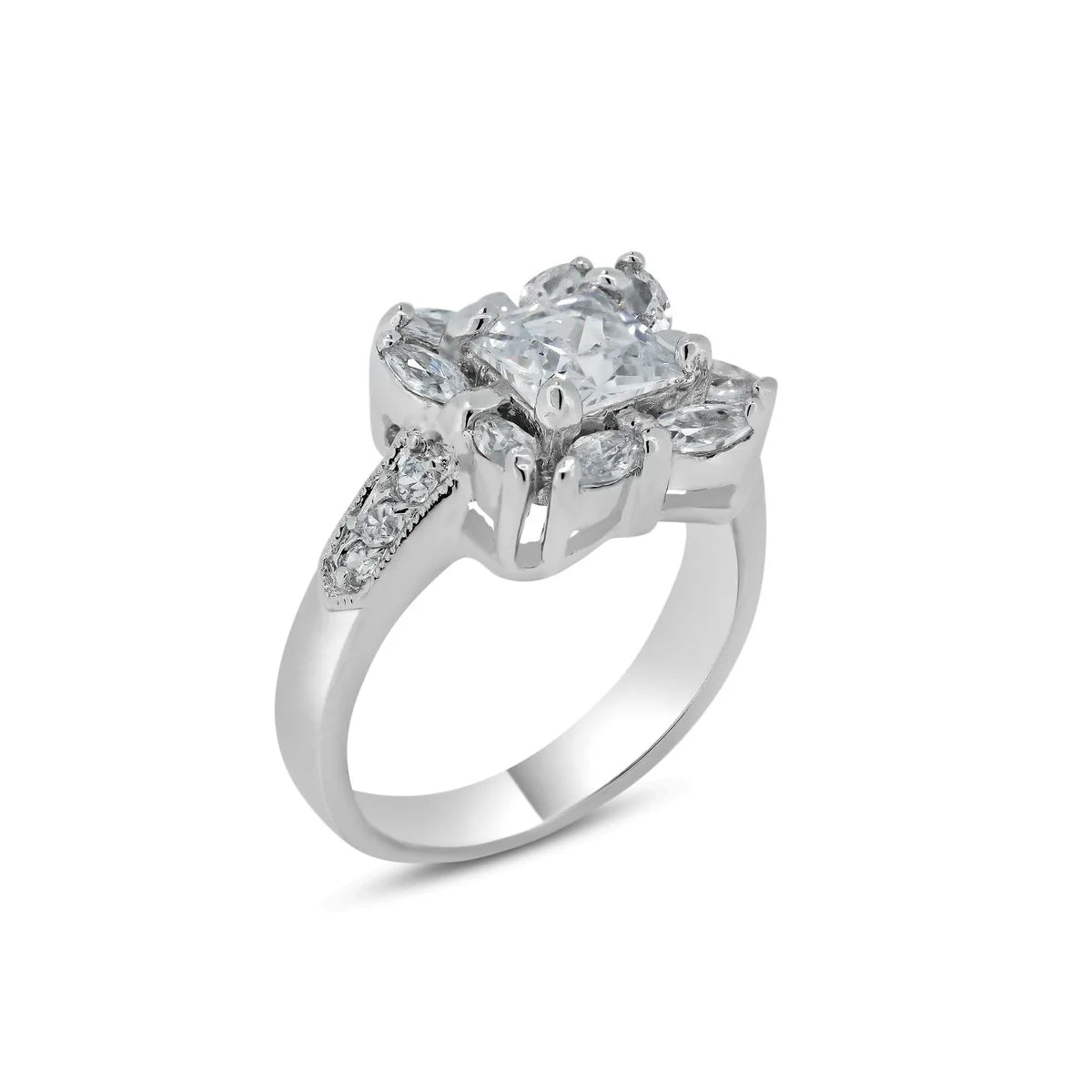 925 Sterling Silver Rhodium Plated Clear Center CZ Square Bridal Ring
