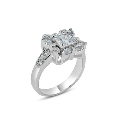 925 Sterling Silver Rhodium Plated Clear Center CZ Square Bridal Ring
