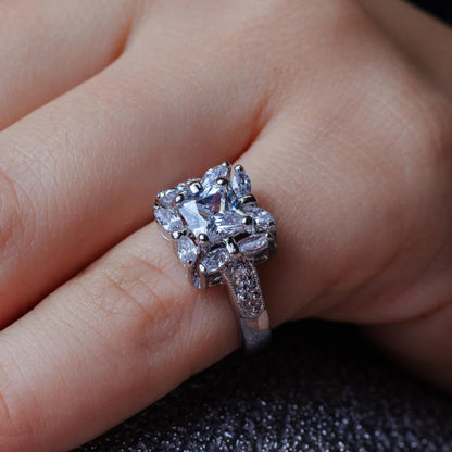 925 Sterling Silver Rhodium Plated Clear Center CZ Square Bridal Ring