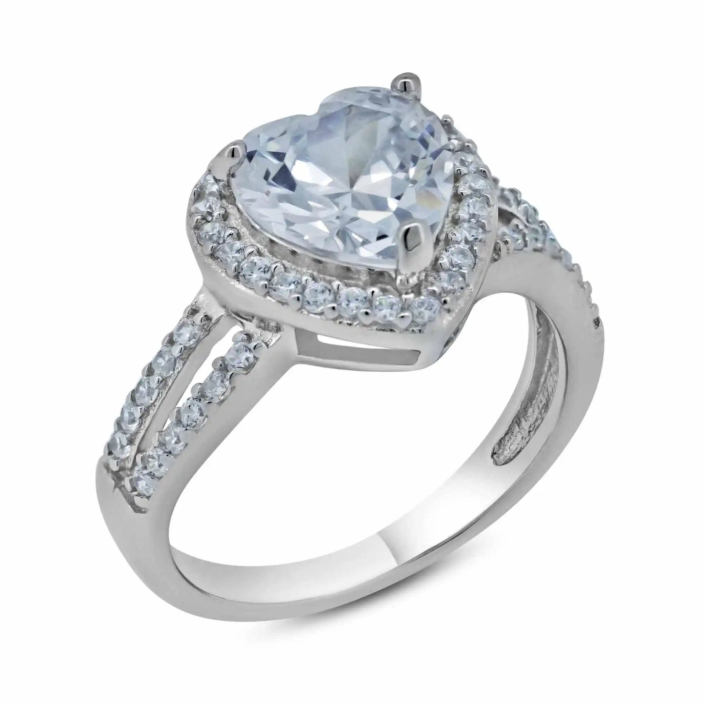 925 Sterling Silver Rhodium Plated Clear CZ Heart Bridal Ring