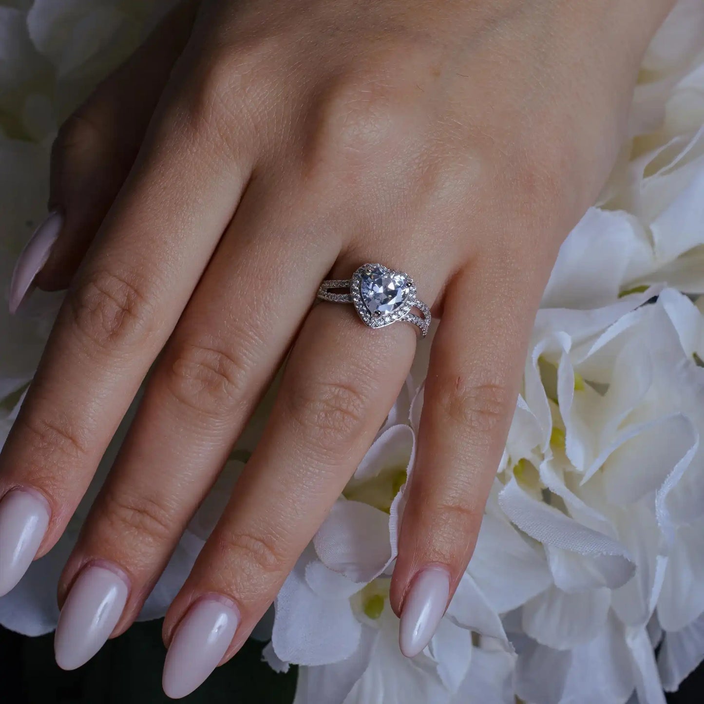 925 Sterling Silver Rhodium Plated Clear CZ Heart Bridal Ring
