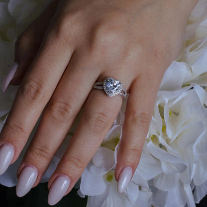 925 Sterling Silver Rhodium Plated Clear CZ Heart Bridal Ring