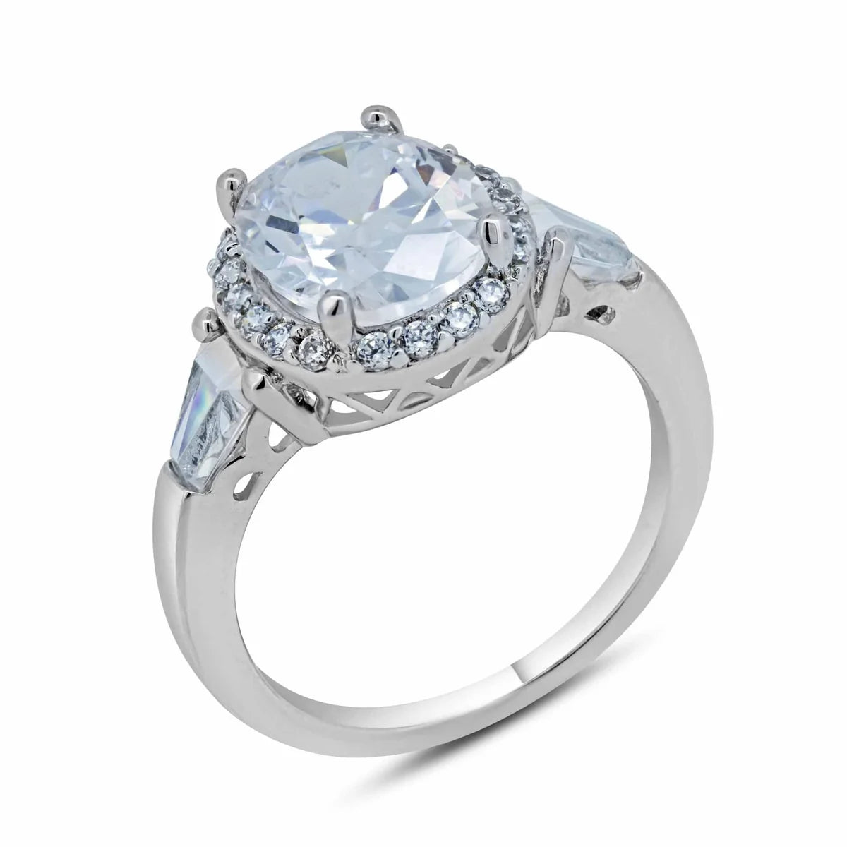 925 Silver Rhodium Plated Clear Cluster CZ Round Bridal Ring