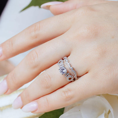 925 Silver Rhodium Plated Clear Round Center CZ Bridal Engagement Ring Set