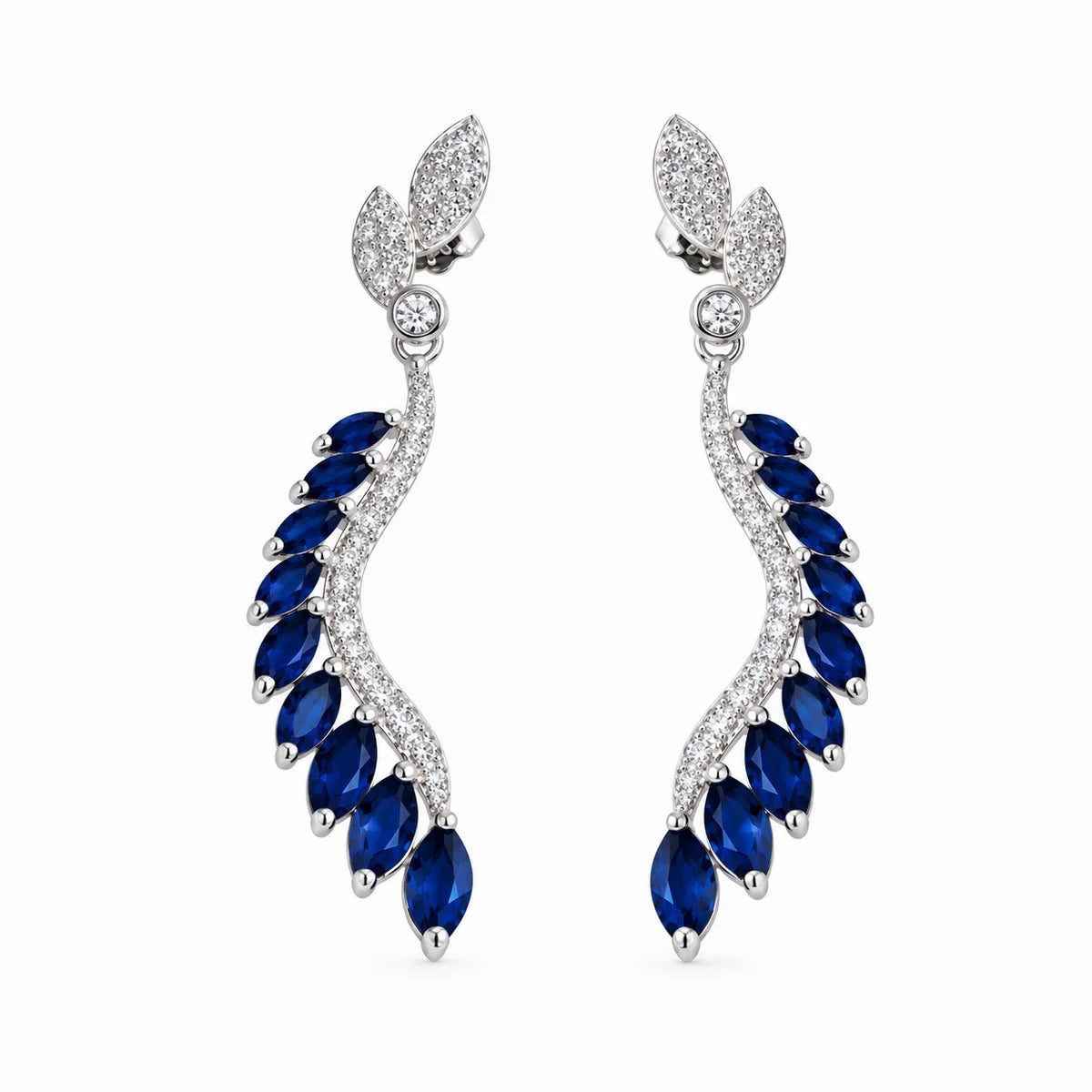 925 Sterling Silver Rhodium Plated Dangling Feather Earrings with Colored CZ