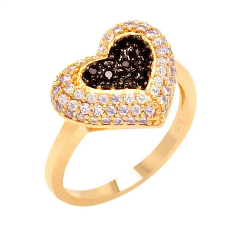 925 Sterling Silver Clearance Rose Gold and Black Rhodium Plated Clear and Black Pave Set Heart Ring