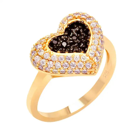 925 Sterling Silver Clearance Rose Gold and Black Rhodium Plated Clear and Black Pave Set Heart Ring