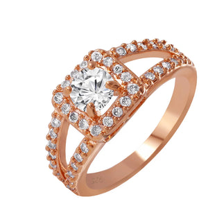 925 Silver Rose Gold Plated Round Clear CZ Ring