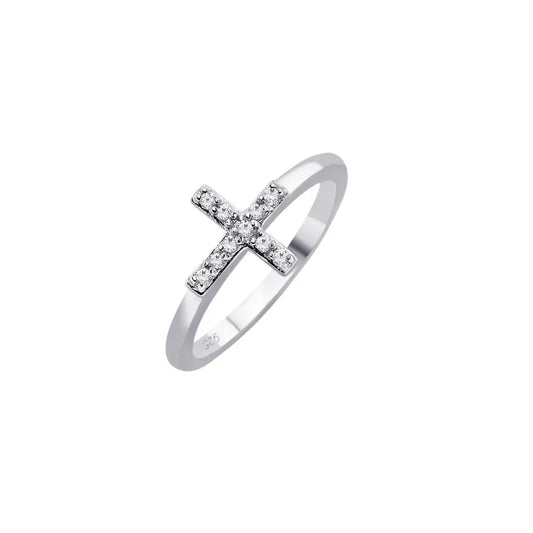 925 Sterling Silver Rhodium Plated Clear CZ Mini Cross Ring