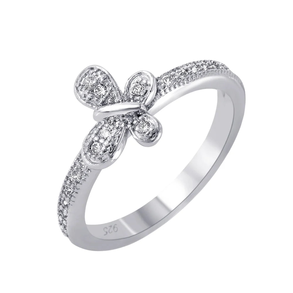 925 Silver Rhodium Plated Clear Pave Set CZ Butterfly Ring