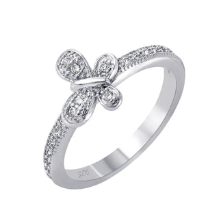 925 Silver Rhodium Plated Clear Pave Set CZ Butterfly Ring