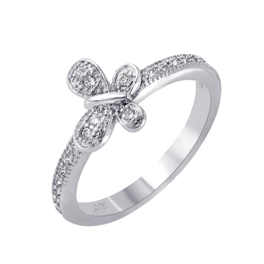 925 Silver Rhodium Plated Clear Pave Set CZ Butterfly Ring