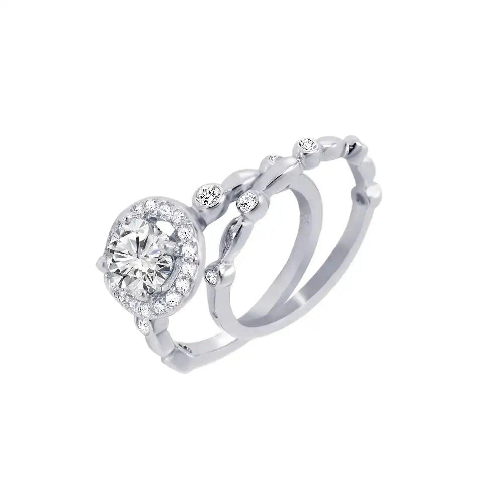 925 Sterling Silver Rhodium Plated Clear Round Cluster and Center CZ Bridal Ring Set