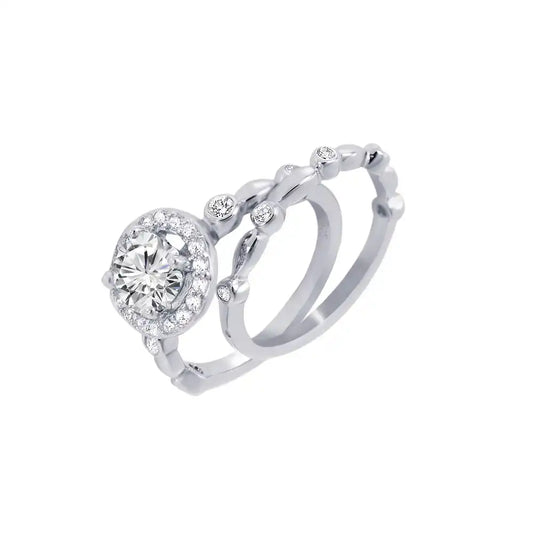 925 Sterling Silver Rhodium Plated Clear Round Cluster and Center CZ Bridal Ring Set