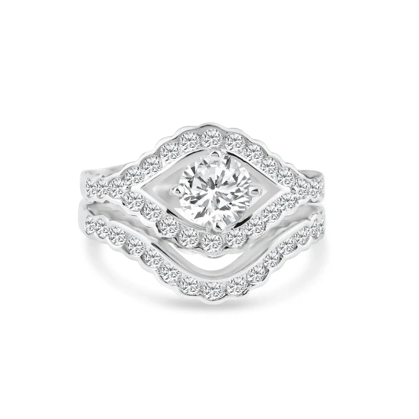 925 Sterling Silver Rhodium Plated Clear Micro Pave Set CZ Estate Engagement Ring Set