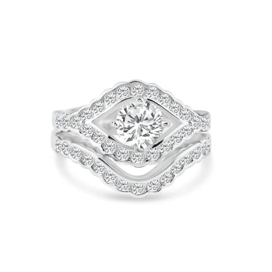 925 Sterling Silver Rhodium Plated Clear Micro Pave Set CZ Estate Engagement Ring Set