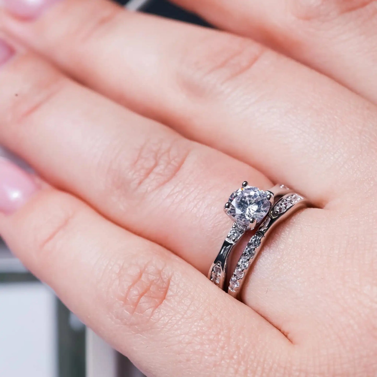 925 Sterling Silver Rhodium Plated Clear Round Center CZ Engagement Ring Set