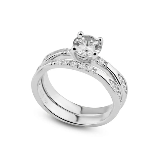 925 Sterling Silver Rhodium Plated Clear Round Center CZ Engagement Ring Set