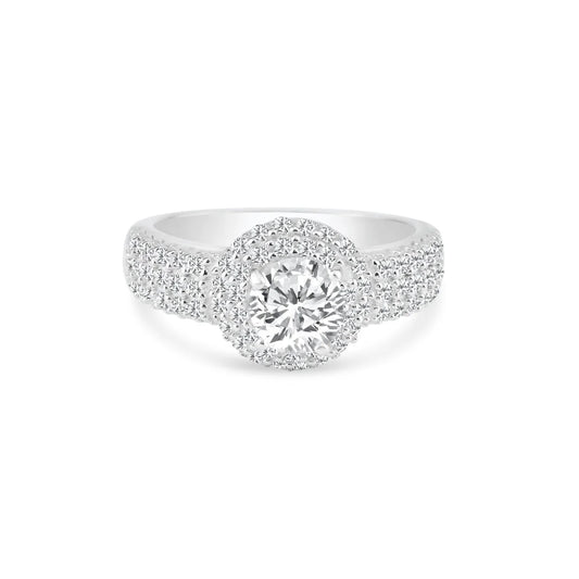 925 Sterling Silver Rhodium Plated Clear Micro Pave Set CZ Round Bridal Ring