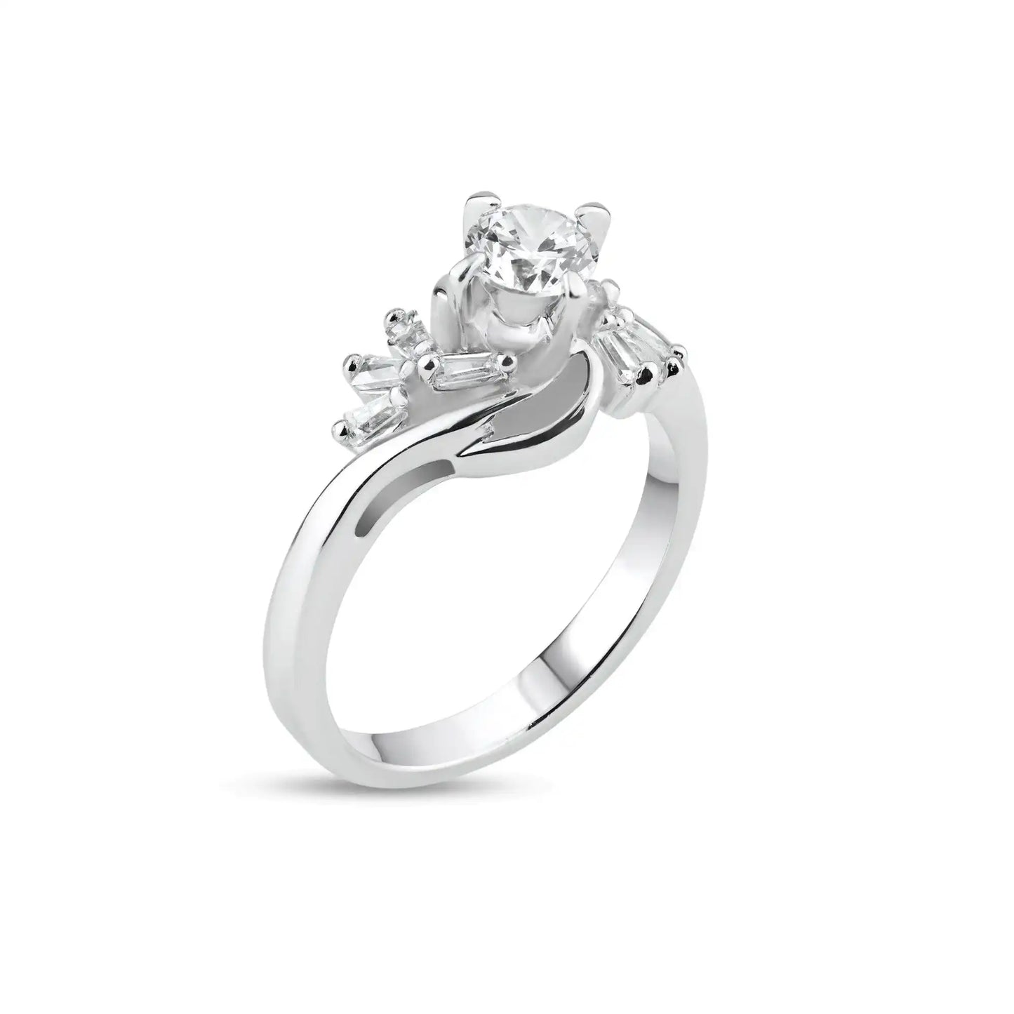925 Sterling Silver Rhodium Plated Clear Multi Shaped CZ Twist Fan Bridal Ring