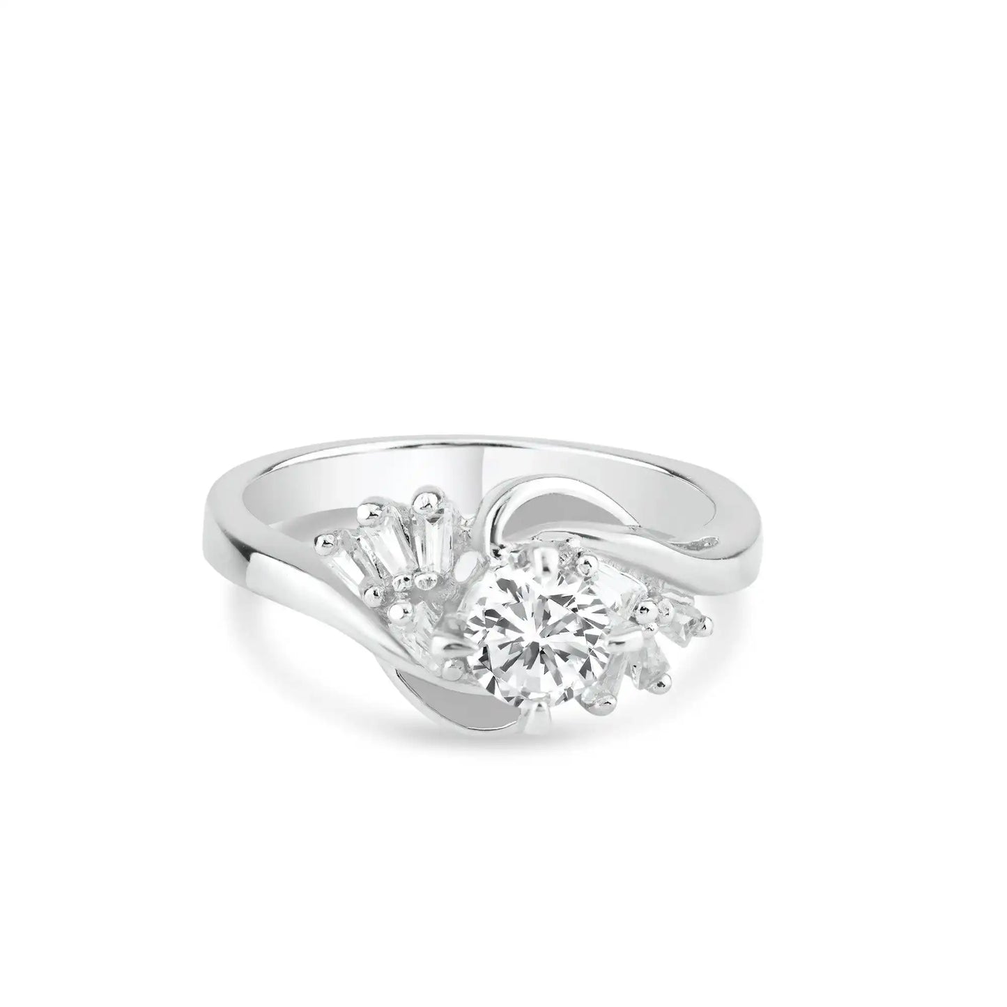 925 Sterling Silver Rhodium Plated Clear Multi Shaped CZ Twist Fan Bridal Ring