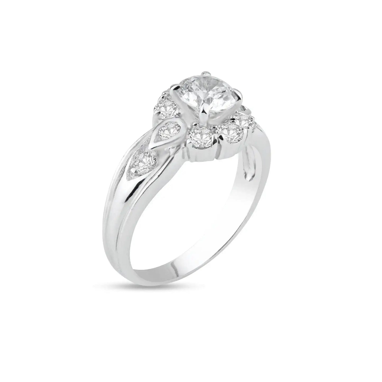 925 Sterling Silver Rhodium Plated Clear Center and Cluster CZ Flower Ring