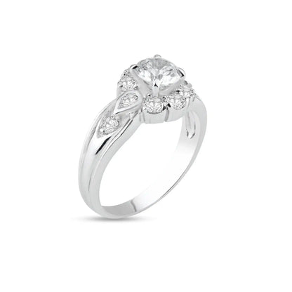 925 Sterling Silver Rhodium Plated Clear Center and Cluster CZ Flower Ring