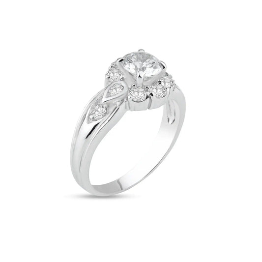 925 Sterling Silver Rhodium Plated Clear Center and Cluster CZ Flower Ring