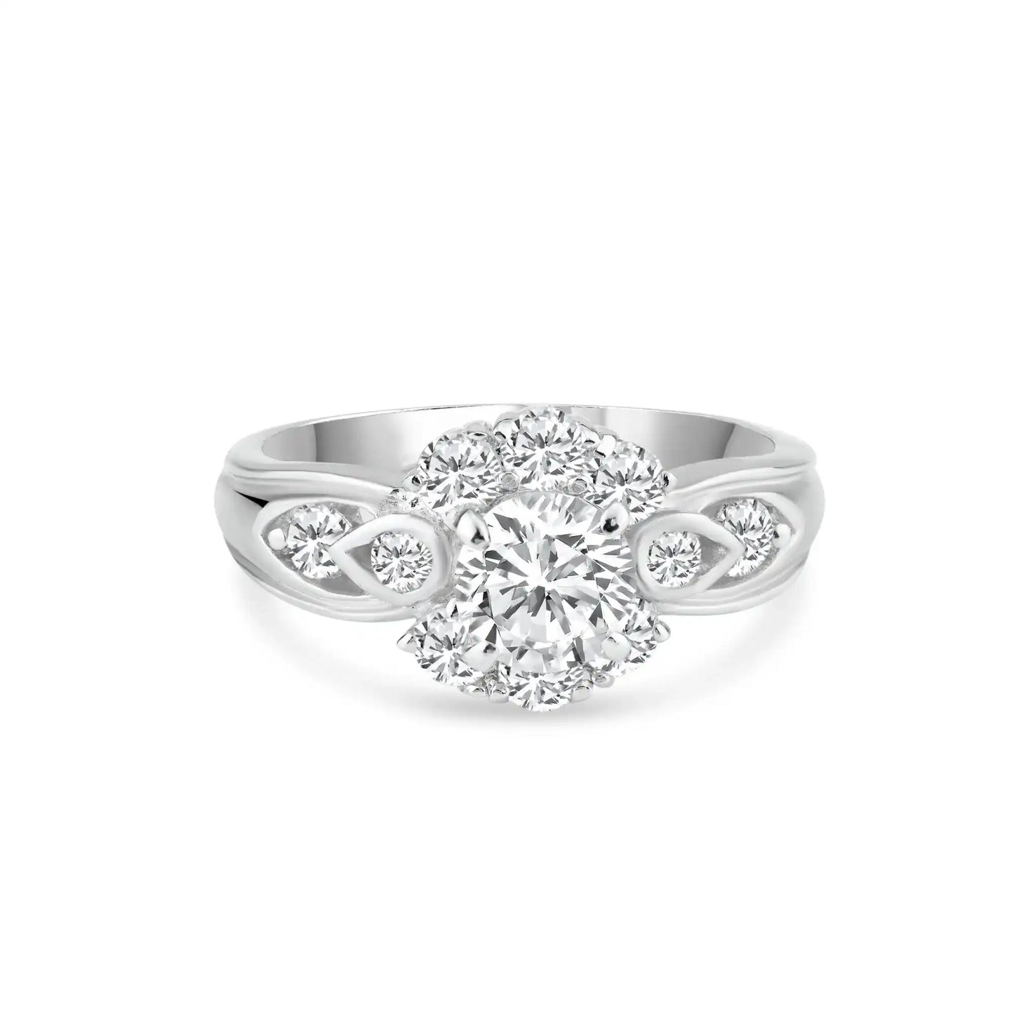 925 Sterling Silver Rhodium Plated Clear Center and Cluster CZ Flower Ring
