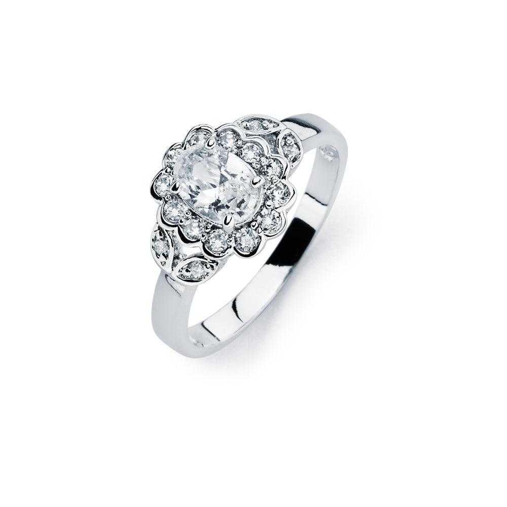 925 Silver Rhodium Plated Clear Cluster CZ Flower Ring