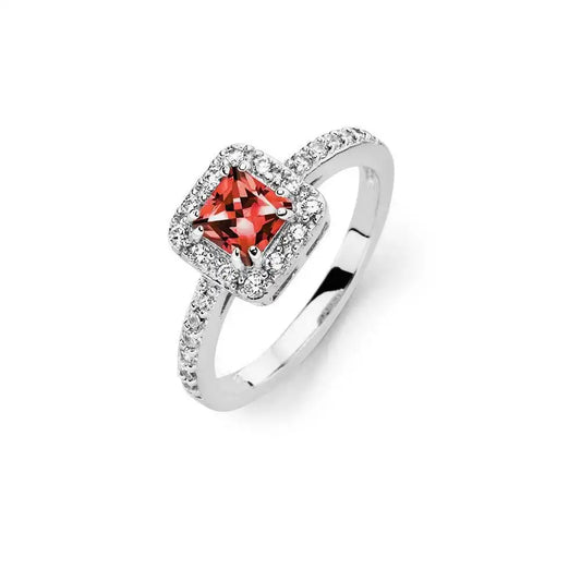 925 Sterling Silver Rhodium Plated Clear Micro Pave Set Red Square Center CZ Bridal Ring