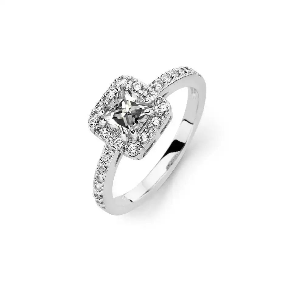 925 Sterling Silver Rhodium Plated Clear Micro Pave Set and Square Center CZ Bridal Ring
