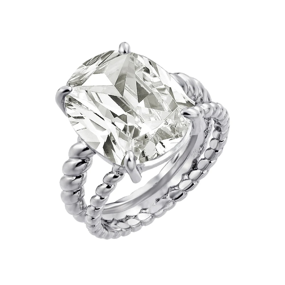 925 Silver Rhodium Plated Clear Oval CZ Bead Ring