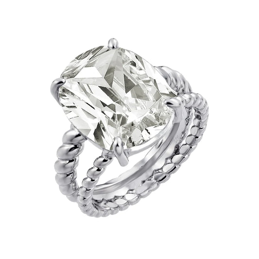 925 Silver Rhodium Plated Clear Oval CZ Bead Ring