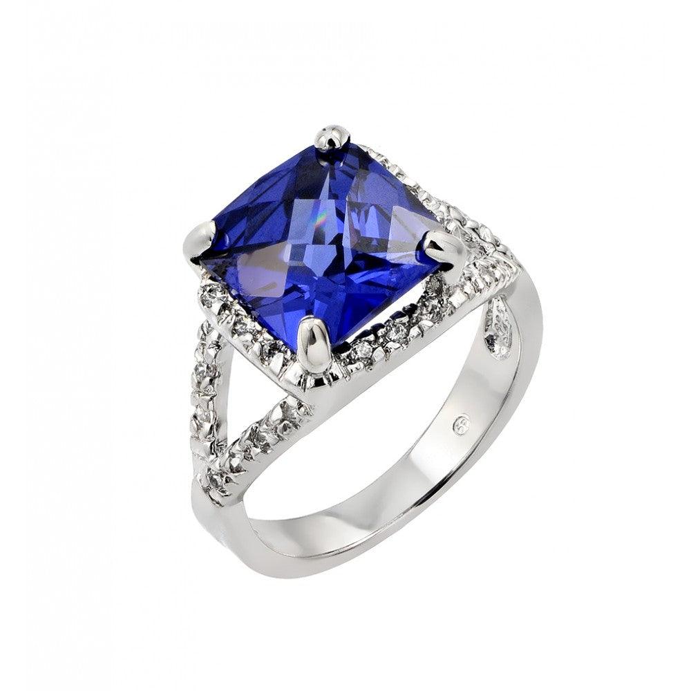 925 Silver Rhodium Plated Blue Princess Cut Center and Clear CZ Ring