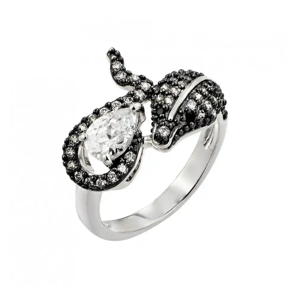 925 Sterling Silver Rhodium and Black Rhodium Plated 2 Toned Clear and Black CZ Snake Ring
