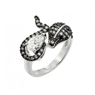 925 Sterling Silver Rhodium and Black Rhodium Plated 2 Toned Clear and Black CZ Snake Ring