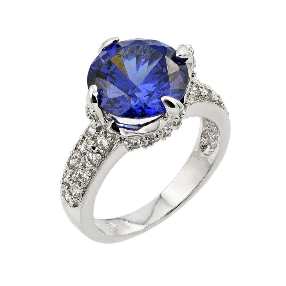 925 Silver Rhodium Plated Round Blue Center and Clear Micro Pave Set CZ Bridal Ring