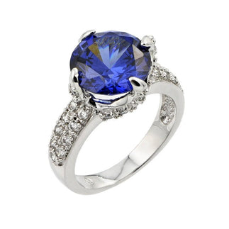 925 Silver Rhodium Plated Round Blue Center and Clear Micro Pave Set CZ Bridal Ring