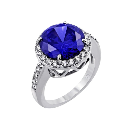 925 Silver Rhodium Plated Blue Round and Clear Inlay CZ Bridal Ring