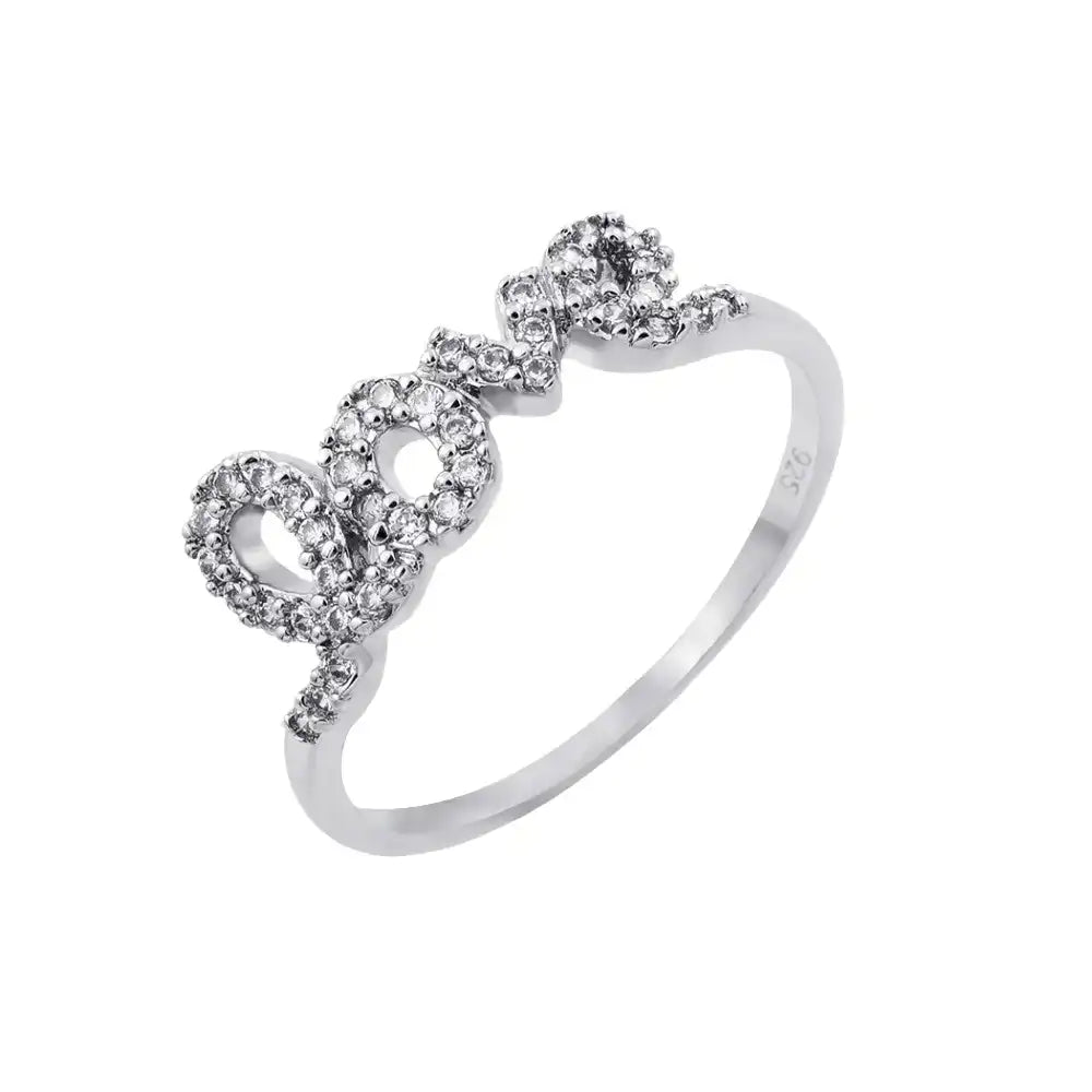 925 Sterling Silver Rhodium Plated Clear CZ Love Ring