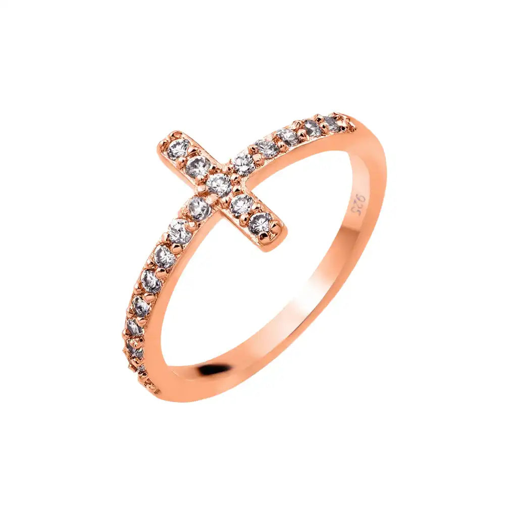 925 Sterling Silver Rose Gold Plated Clear CZ Cross Ring