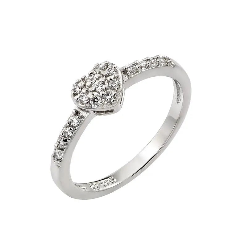 925 Sterling Silver Rhodium Plated Clear Inlay CZ April Birthstone Heart Ring